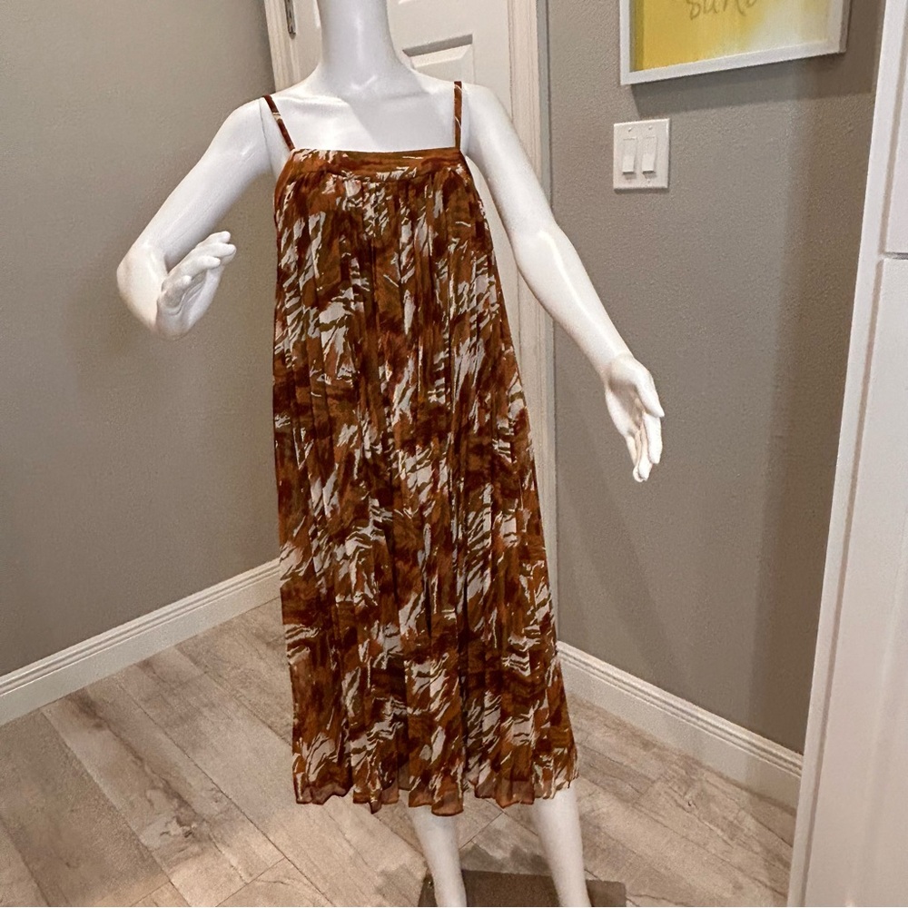 WHISTLES SZ US 8 Flowy Browns Greens Spaghetti Strap Maxi Dress Square Neckline